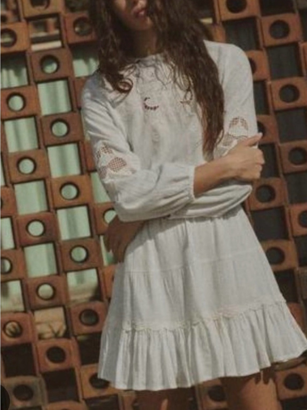 Zara White Linen Tiered Mini Dress with Lace Sleeve Details